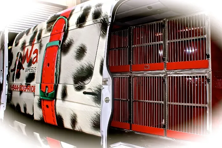 Here is the safe and comfortable interior of the Waggin’ Wheels Express van.